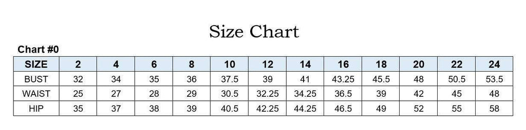 Size chart for La Divine Mermaid Gown showing bust, waist, and hip measurements from size 2 to 24 for accurate dress fitting.