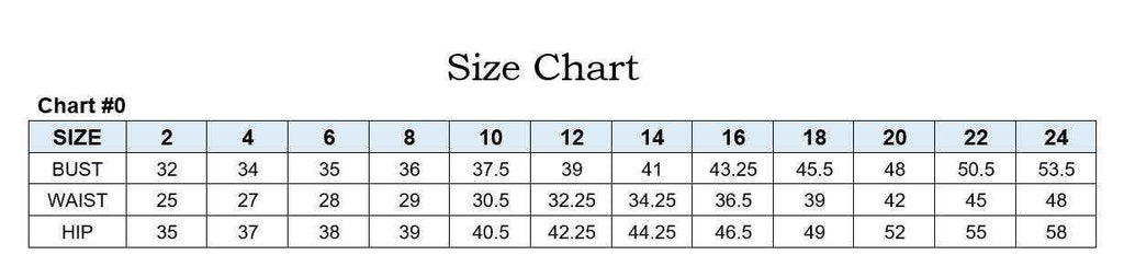 Ladivine CD366 size chart showing bust, waist, and hip measurements from size 2 to 24 for accurate bridal party dress fitting.