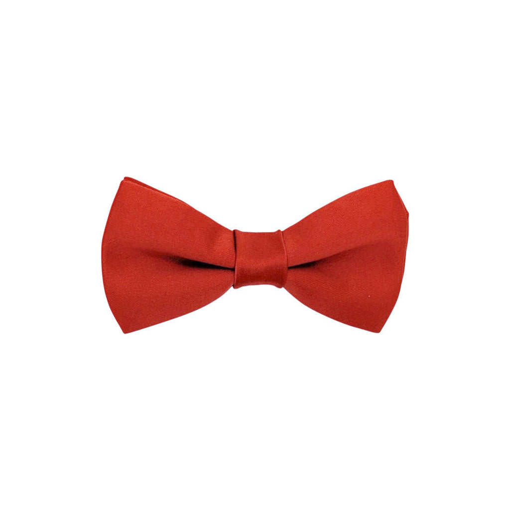 Single Sienna Boys Bow Tie in rust-red without strap, showcasing kids' size option. Elegant polyester design for formal children's wear.