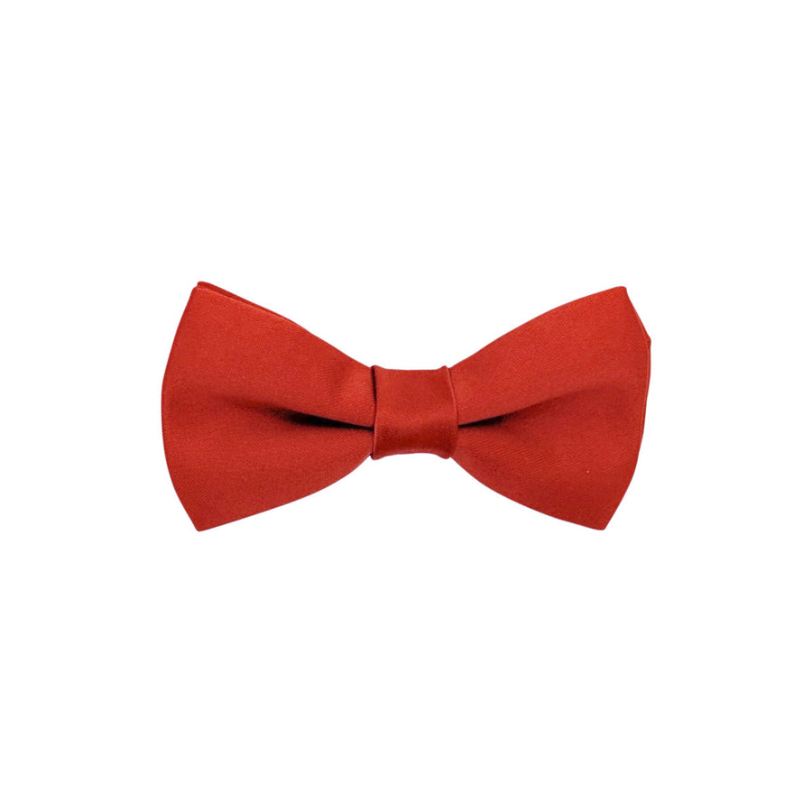 Single Sienna Boys Bow Tie in rust-red without strap, showcasing kids' size option. Elegant polyester design for formal children's wear.