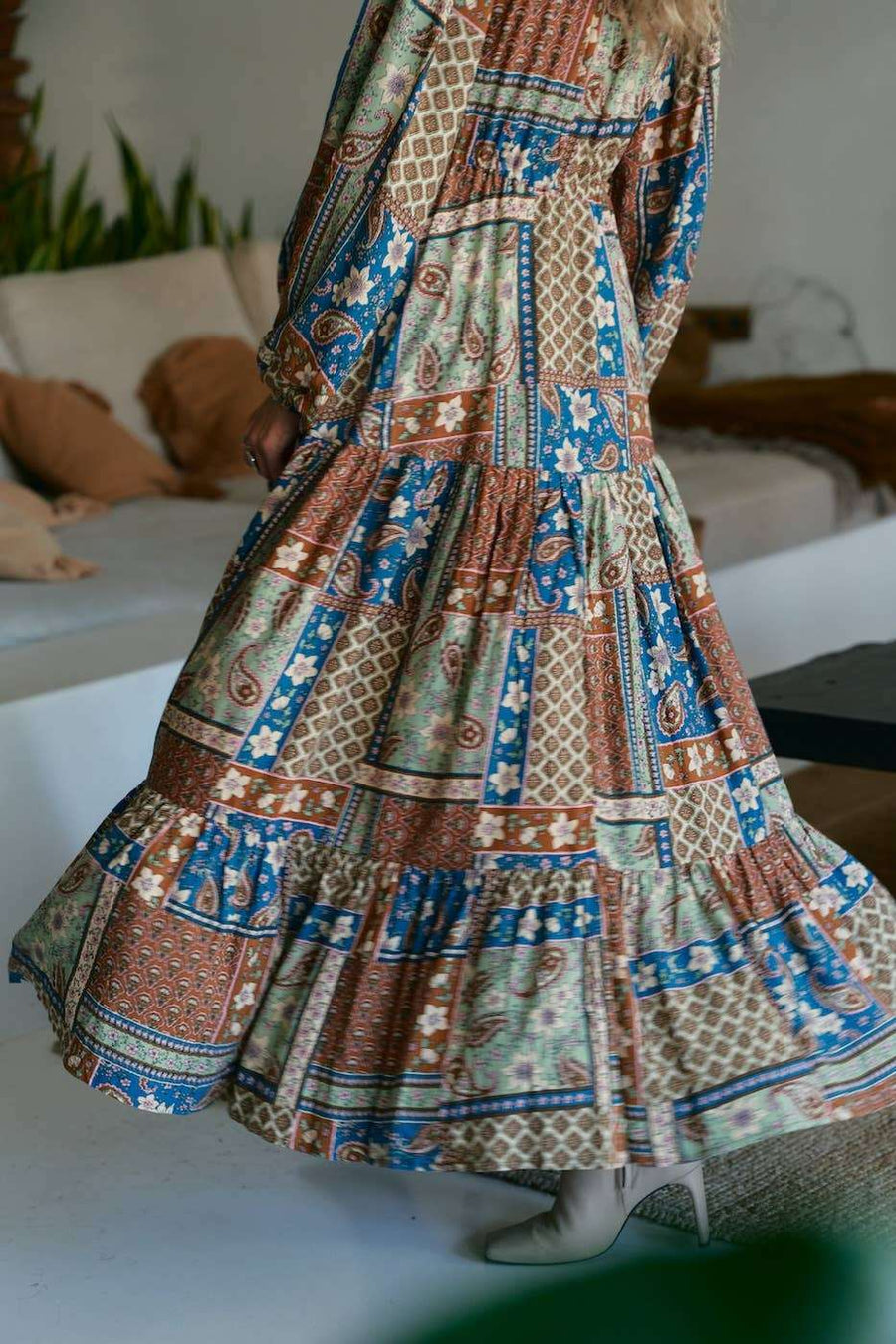 Teresa Maxi Dress - Izabelle Print in flowing rayon with bohemian brown and blue patchwork design. Ideal for summer and beachwear fashion.