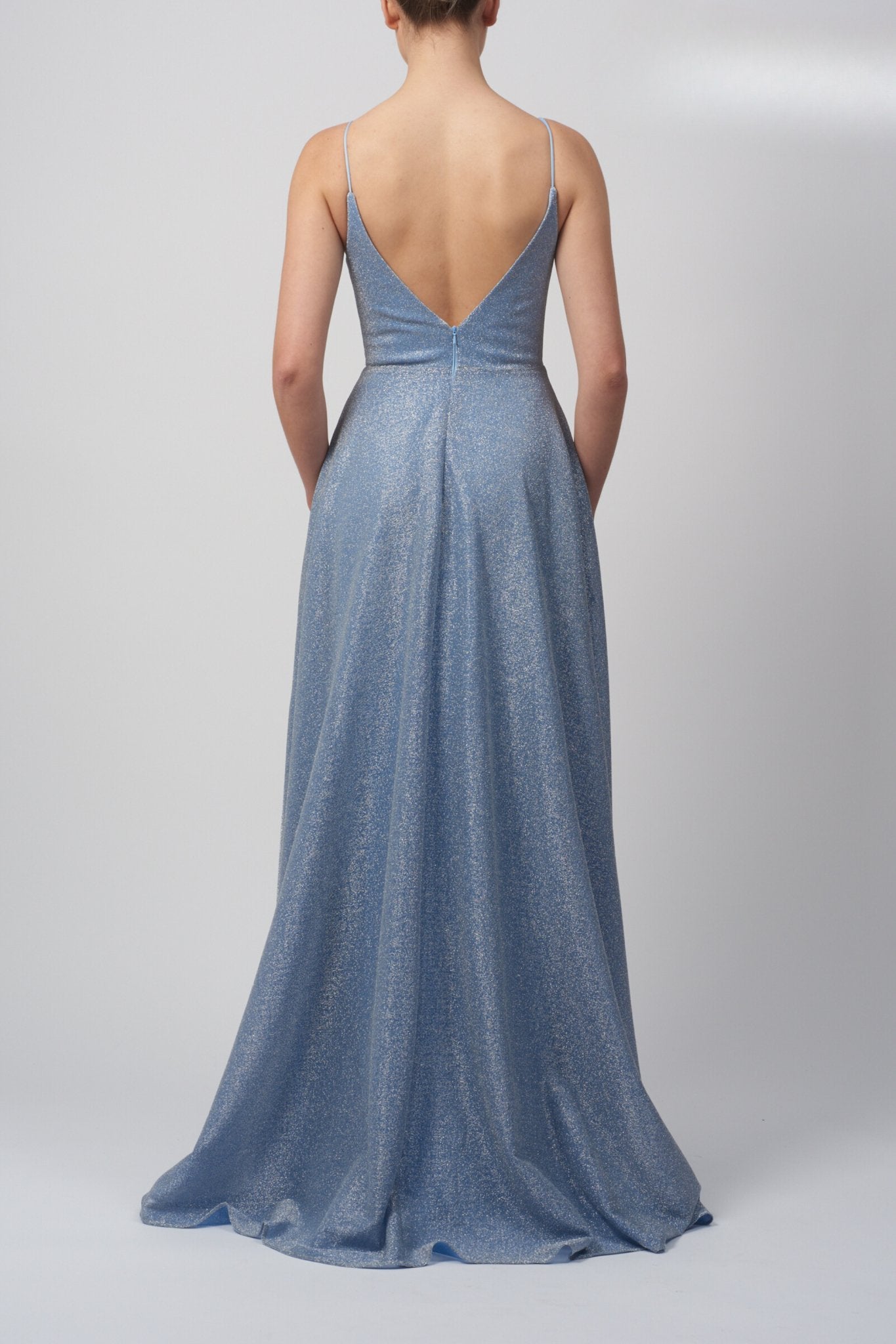 Pleated Glitter Dress MC28316 - Powder Blue | V-neck, Slit, Pockets Pleated Glitter Dress MC28316 - Powder Blue | V-neck, Slit, Pockets