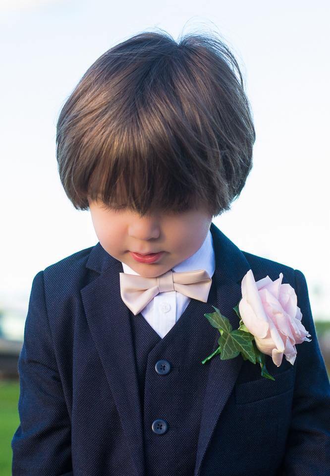 Child in navy suit wearing Blush Pink Boys Bow Tie and rose boutonniere. Ideal for weddings and special occasions, handmade and durable.
