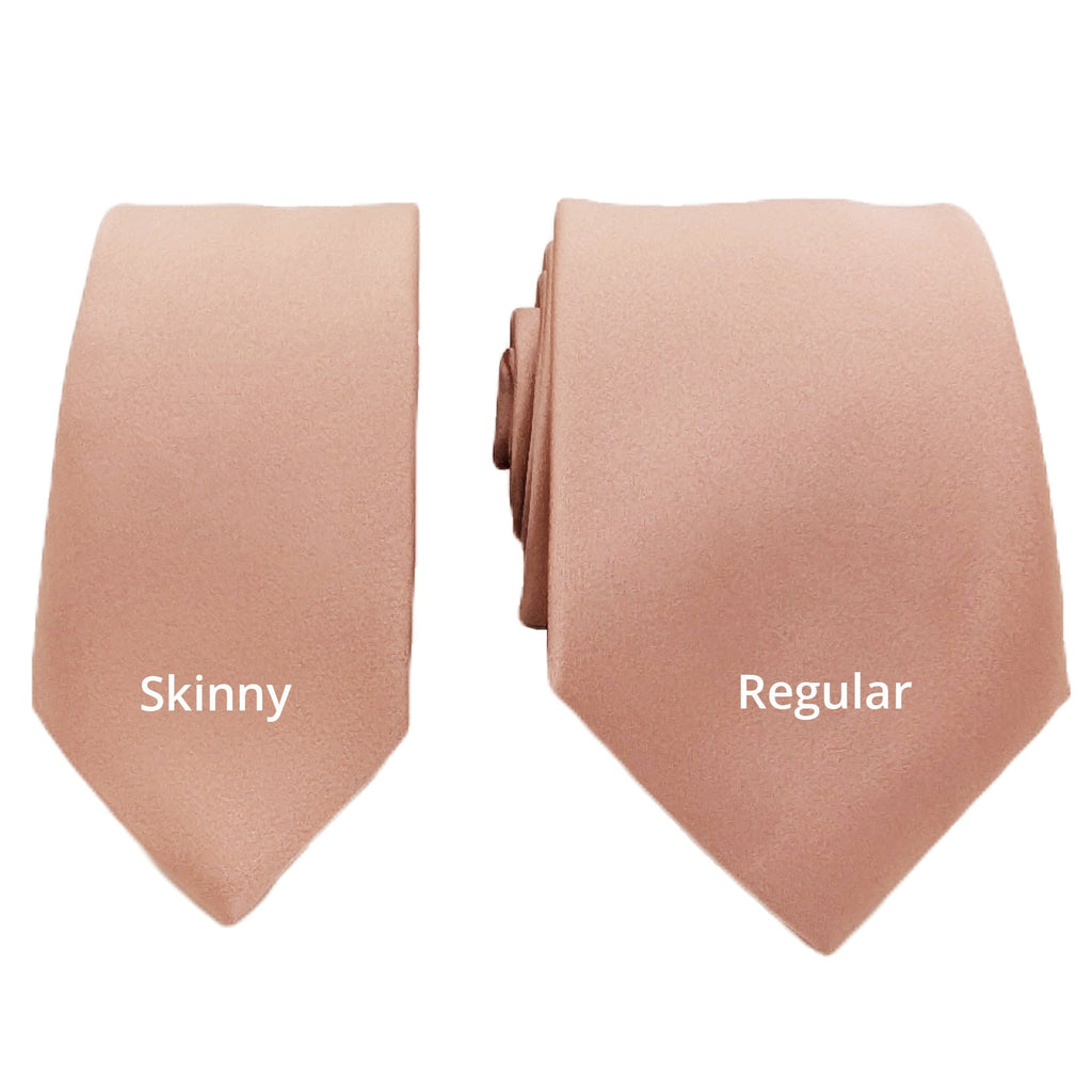 Comparison of skinny and regular taupe wedding ties, showing width difference for personalized groomsmen styling.