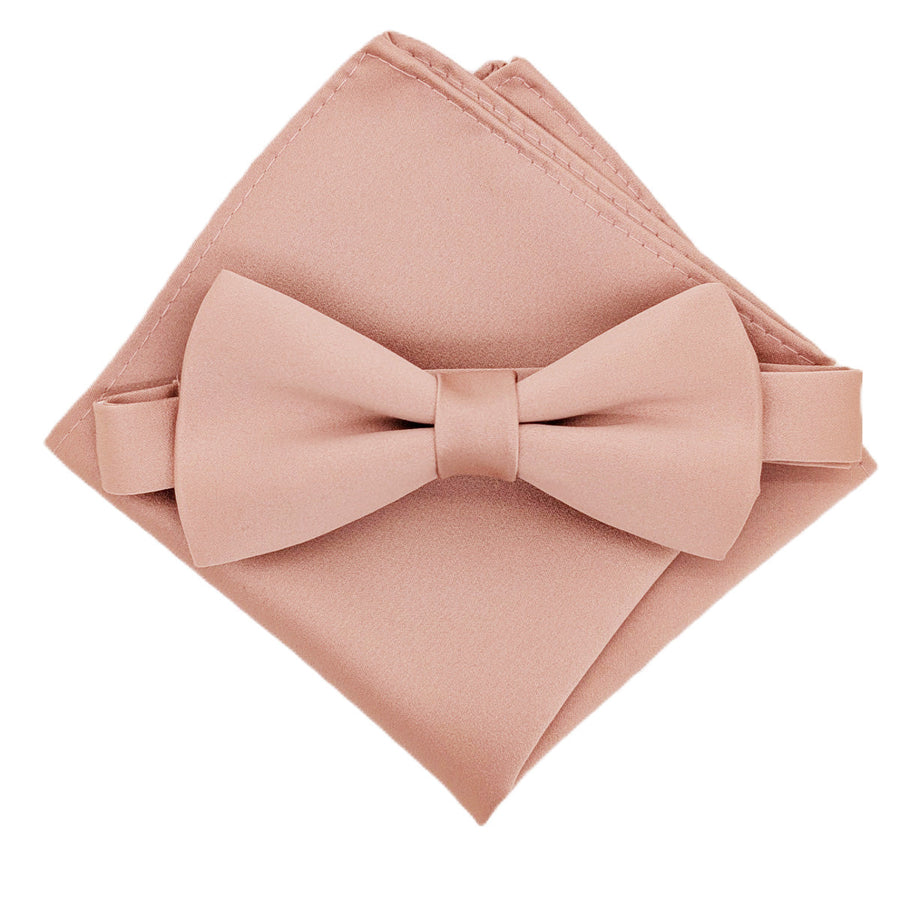 Taupe Bow Tie - Wedding Accessory | Handmade, Adjustable, Durable. Taupe bow tie displayed with matching pocket square, perfect for formal wedding outfits.