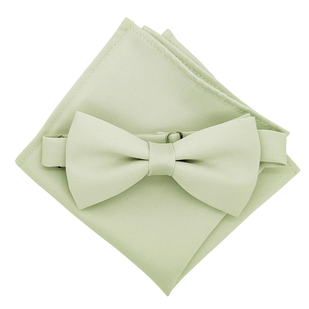 Willow Bow Tie with matching pocket square in sage green, handmade wedding accessory for groomsmen. Adjustable for a perfect fit.