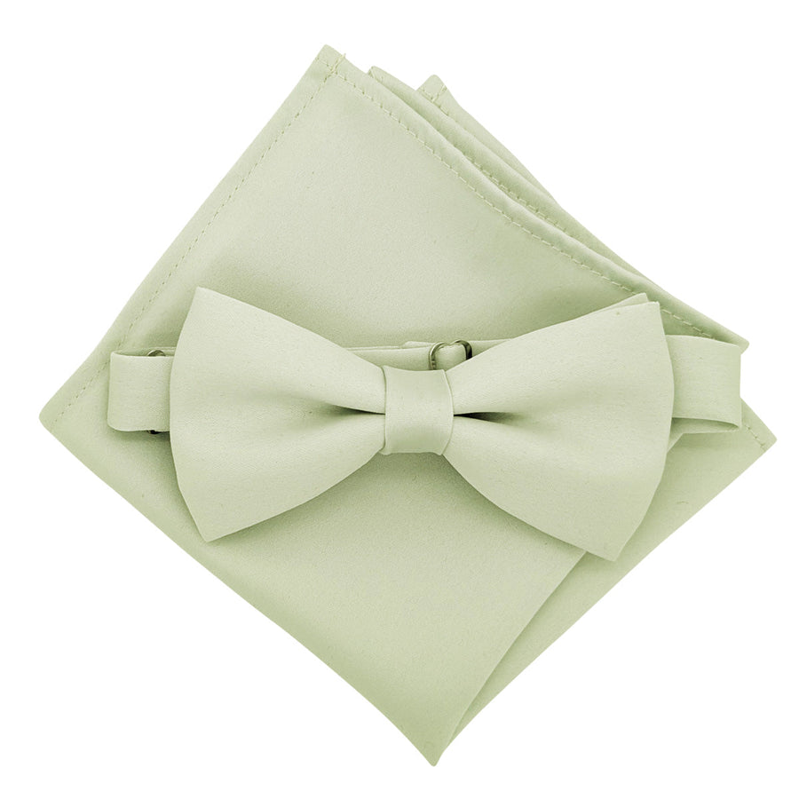 Willow Bow Tie with matching pocket square in sage green, handmade wedding accessory for groomsmen. Adjustable for a perfect fit.