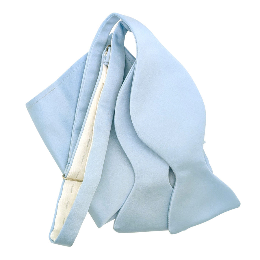Light Blue Bow Tie - Wedding Accessory | Handmade, Adjustable self-tie bow tie shown with inner lining and stitching details.