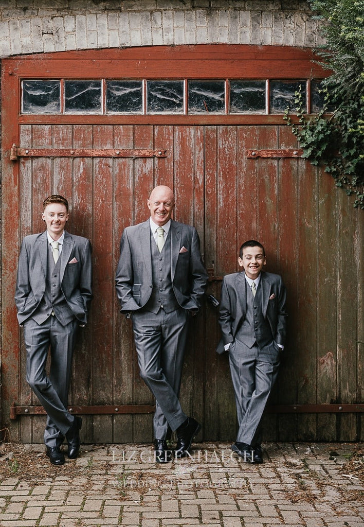 Groomsmen in grey suits styled with Rose Gold Pocket Square - Wedding Accessory | Handmade, Durable. Adds a soft, romantic touch to formalwear.