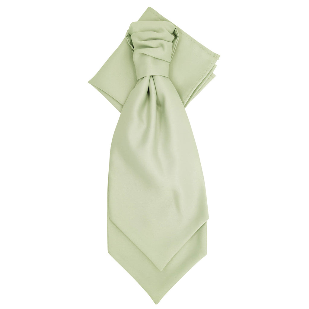 Plain willow green Willow Wedding Cravat styled in a ruched ascot tie, perfect for elegant groom and groomsmen attire.