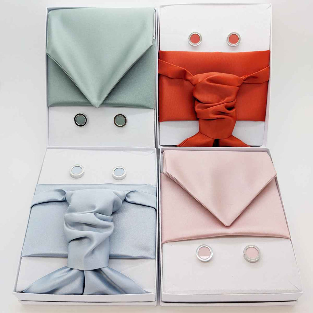 Wedding Cravat gift sets in Seagrass, Terracotta, Blush, and Powder Blue with matching cufflinks. Ideal for groomsmen accessories.