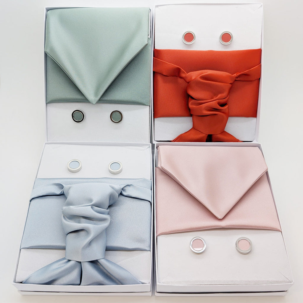 Set of wedding cravats in pastel and bold colors including Suede Pink Wedding Cravat. Ideal groomsmen accessories with matching cufflinks.