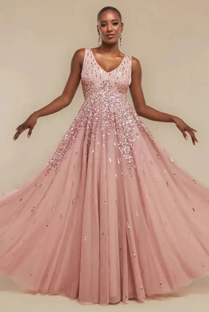 Goddiva Sequin Ombre Maxi Dress in blush pink with sleeveless A-line silhouette and hand-embellished sequins, ideal for evening or formal events.