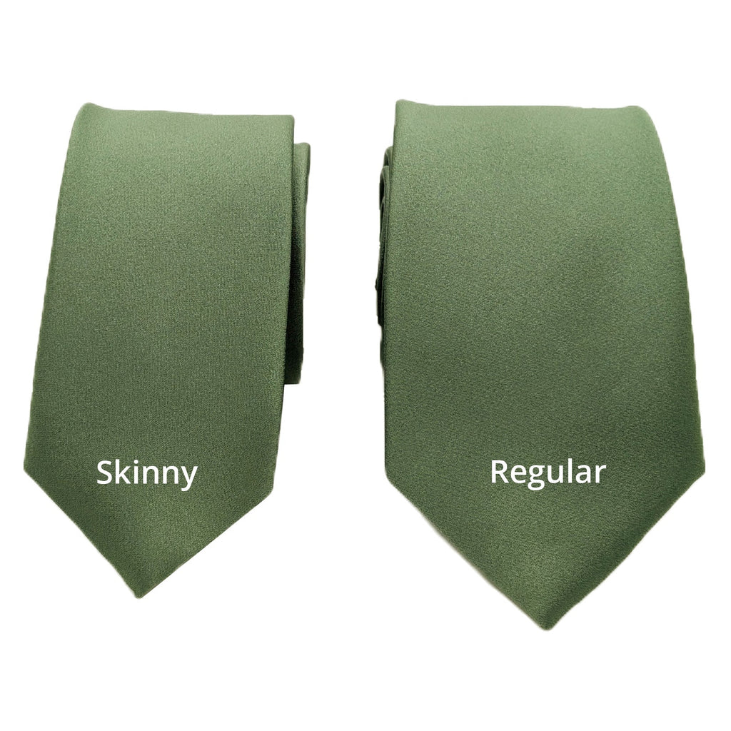 Comparison of Dark Sage Wedding Tie in skinny and regular widths, offering versatile options for wedding party styling.