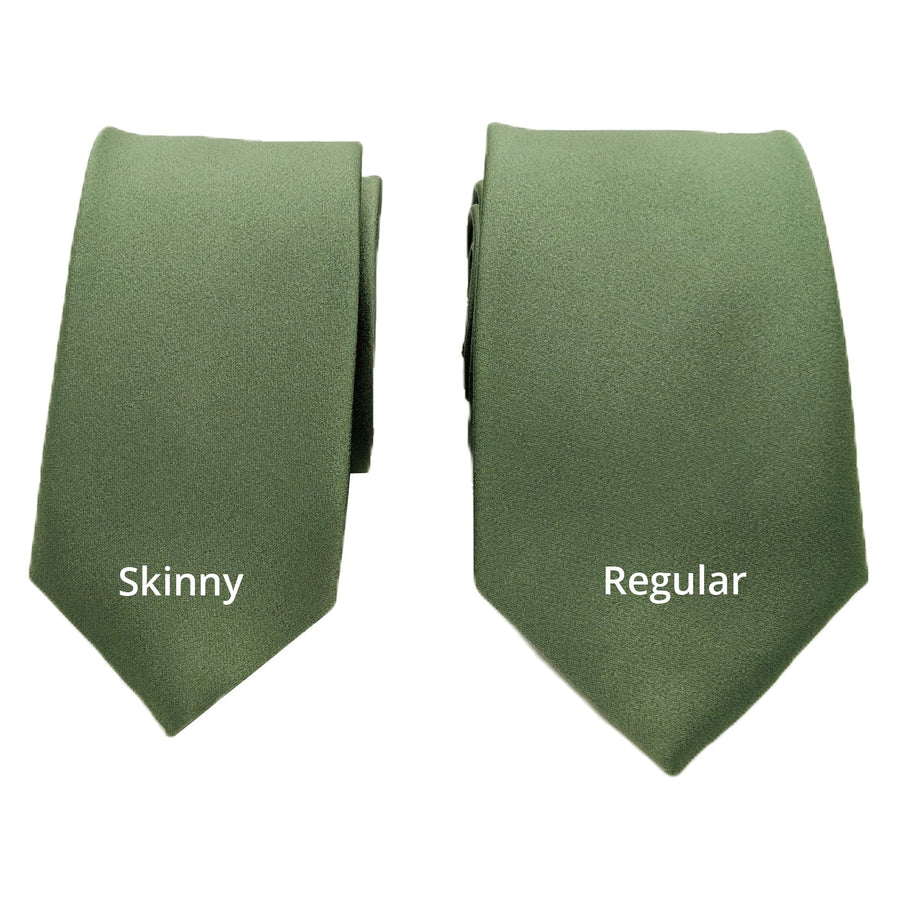Comparison of Dark Sage Wedding Tie in skinny and regular widths, offering versatile options for wedding party styling.