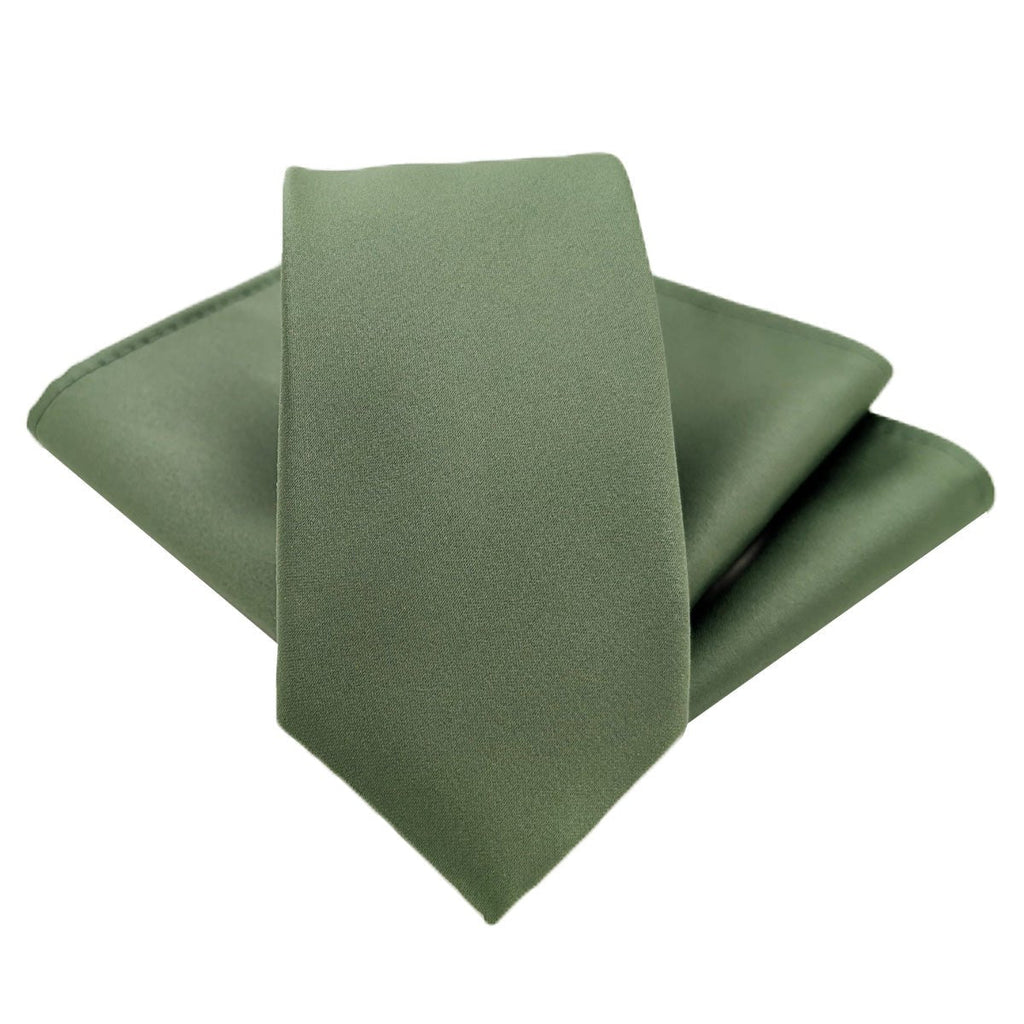 Dark Sage Wedding Tie with matching pocket square laid flat, designed to complement a variety of wedding suit styles.