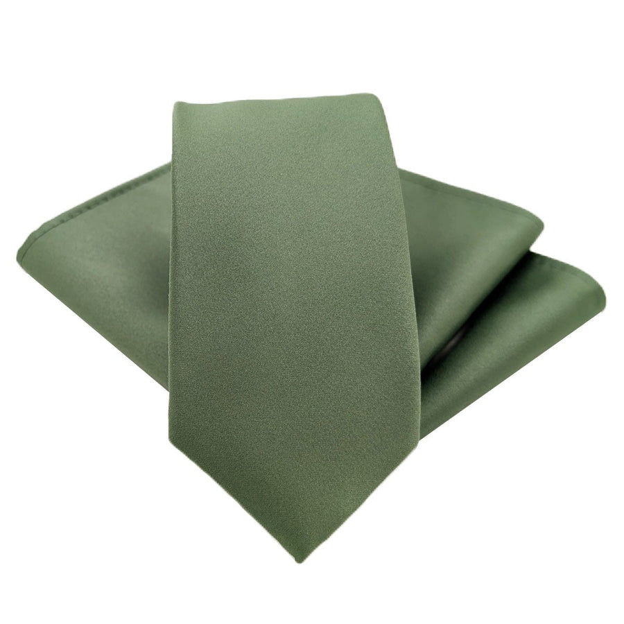 Dark Sage Wedding Tie with matching pocket square laid flat, designed to complement a variety of wedding suit styles.