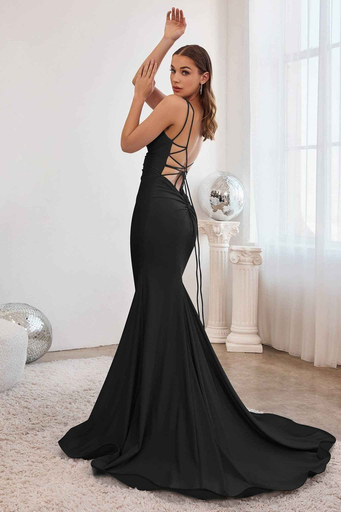 Stretch Mermaid Gown with Lace Up Back - Ladivine CD2219 in black satin, featuring a fitted silhouette and dramatic train, ideal for prom or red carpet.