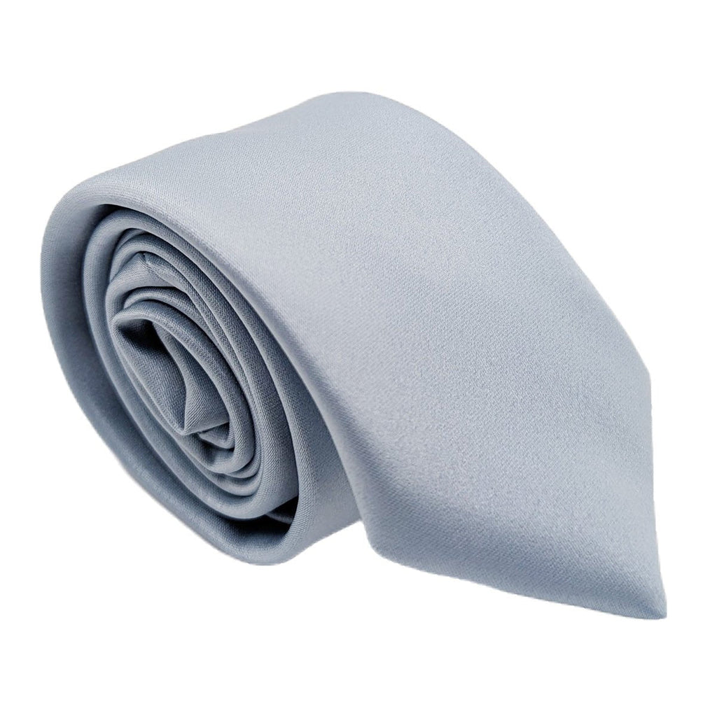 Rolled Dusty Blue Boys Tie showcasing smooth fabric texture. Perfect wedding accessory for page boys, handmade in the UK.