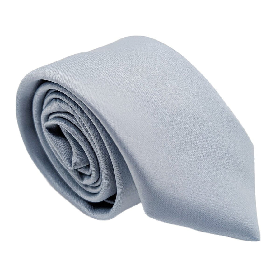 Rolled Dusty Blue Boys Tie showcasing smooth fabric texture. Perfect wedding accessory for page boys, handmade in the UK.