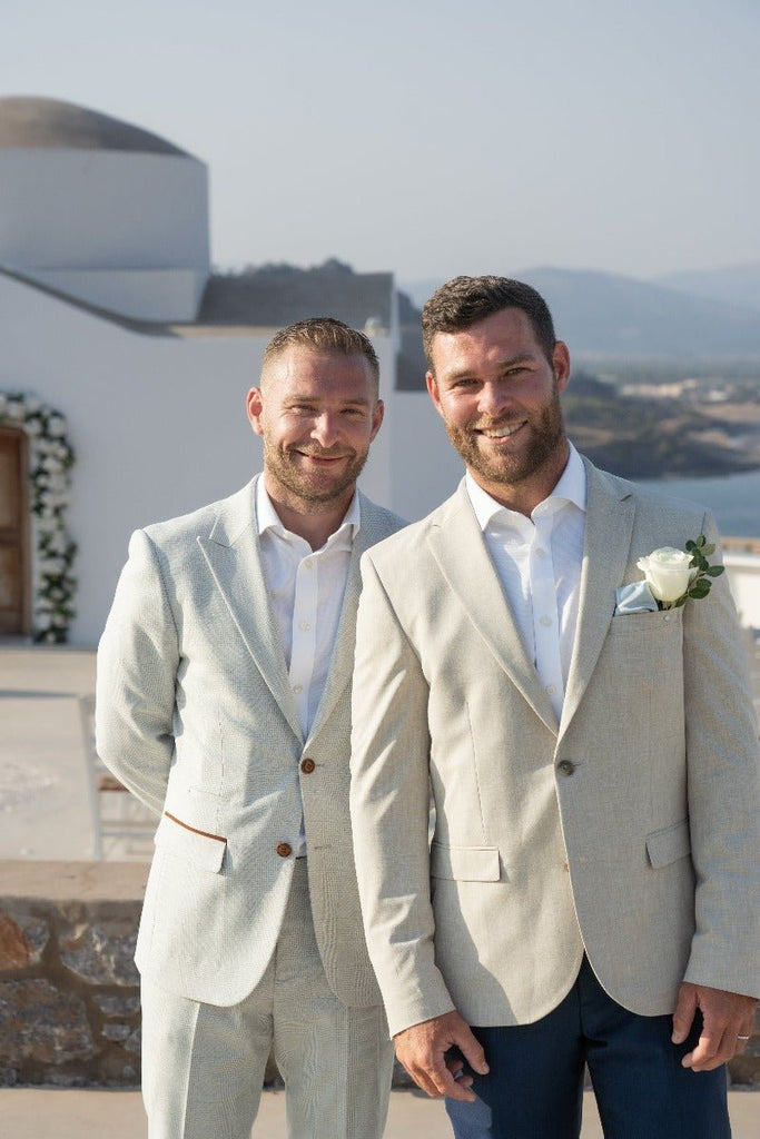 Groom and groomsman in light suits with Dusty Blue Pocket Square - Wedding Accessory | Handmade, 25cm styled for a summer wedding.
