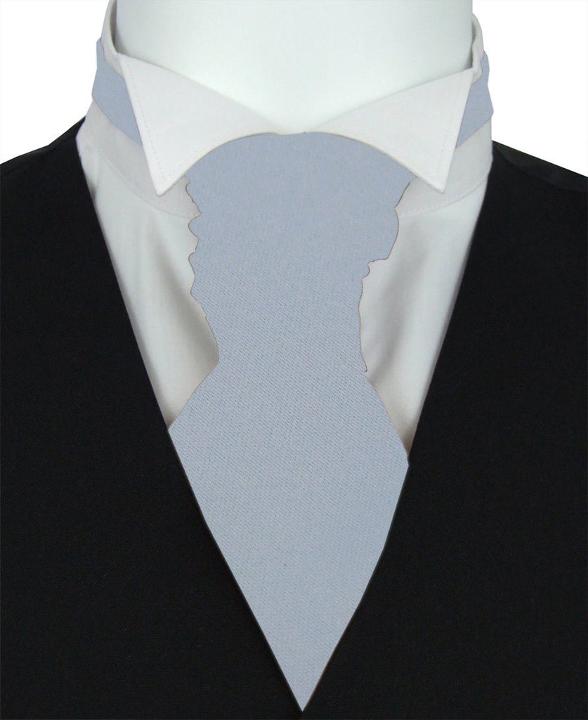 Dusty Blue Wedding Cravat styled on a shirt and waistcoat, showcasing its formal fit. Ideal blue cravat for groomsmen or wedding parties.