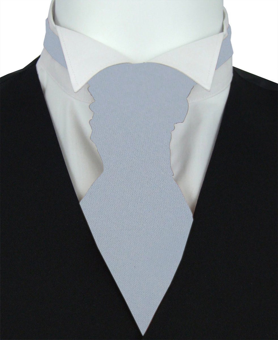 Dusty Blue Wedding Cravat styled on a shirt and waistcoat, showcasing its formal fit. Ideal blue cravat for groomsmen or wedding parties.