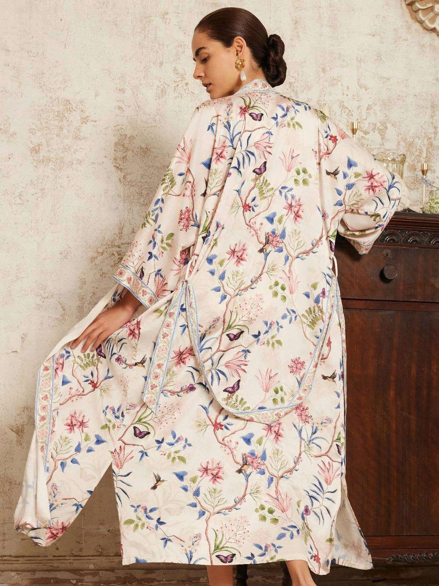 Back view of Beige Chinoiserie Kimono Robe with intricate floral patterns. One-size bridal wrap ideal for spa and lounge.