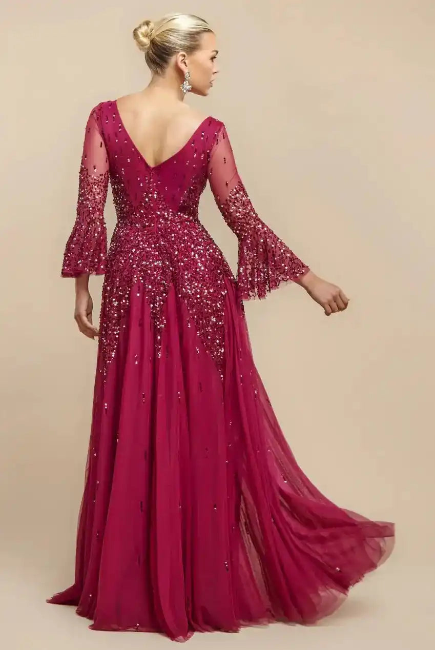 Goddiva Bell Sleeve Gown - Burgundy Sequin A-Line with V-back and flowing skirt, ideal for weddings or formal evening events.