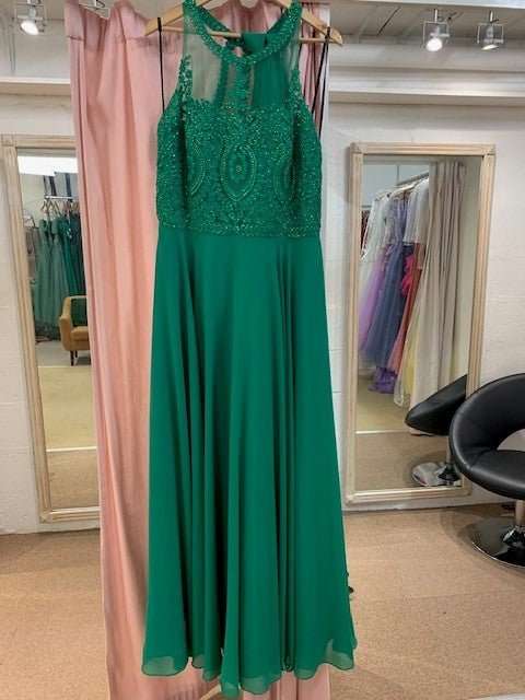 Emerald Double Lace Dress MC181479 with beaded bodice and chiffon skirt, sleeveless design in green, available in UK sizes 4-24.