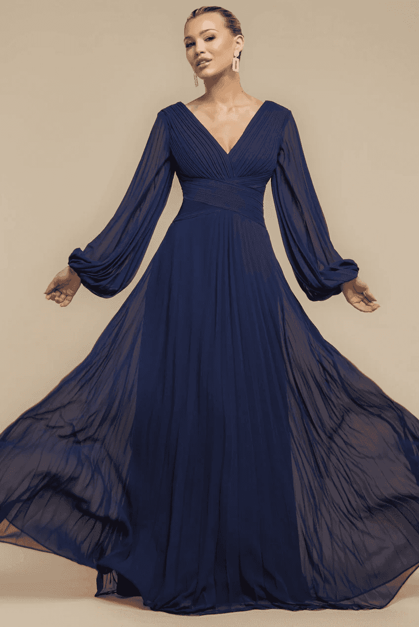 Goddiva Chiffon Maxi Dress in Navy - Bridesmaids & Evening Events featuring balloon sleeves, pleated skirt, and V-neckline in flowing blush chiffon.