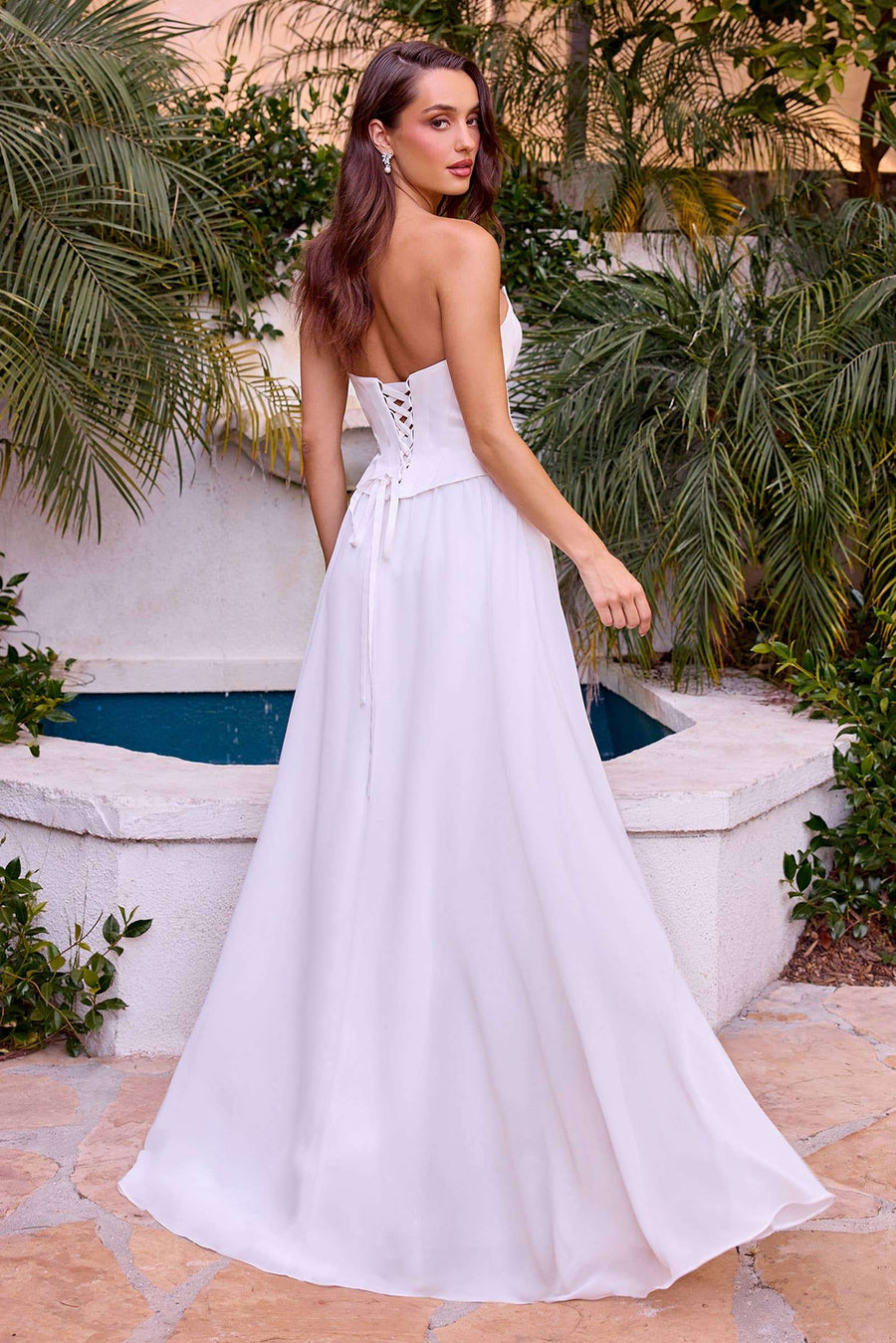 Elegant Strapless Corset Gown by Ladivine in white with a curved neckline and lace-up back, perfect for bridesmaids or formal evening events.