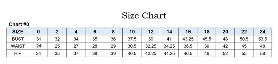 Size chart for LaDivine Butterfly Print Mermaid Gown detailing bust, waist, and hip measurements from size 0 to 24 for accurate dress fitting.