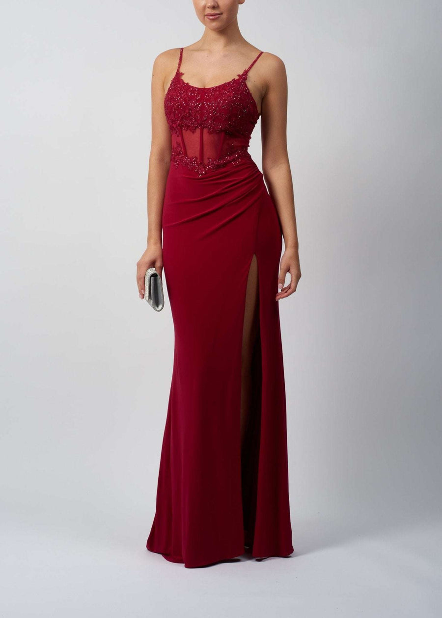Berry Jersey Corset Prom Dress by Mascara with beaded bodice, high-leg slit, and fitted silhouette, available at Cargo Clothing.