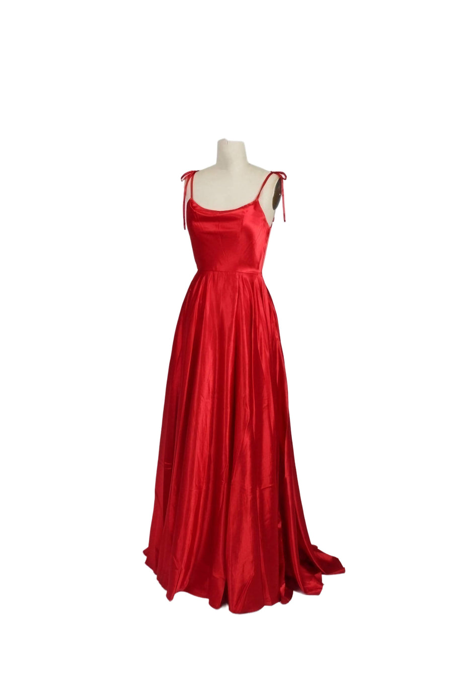 Abby Red Satin Ballgown with tie-up straps and flowing skirt, ideal for prom or special occasions. Available in exclusive sizes UK 4-22.
