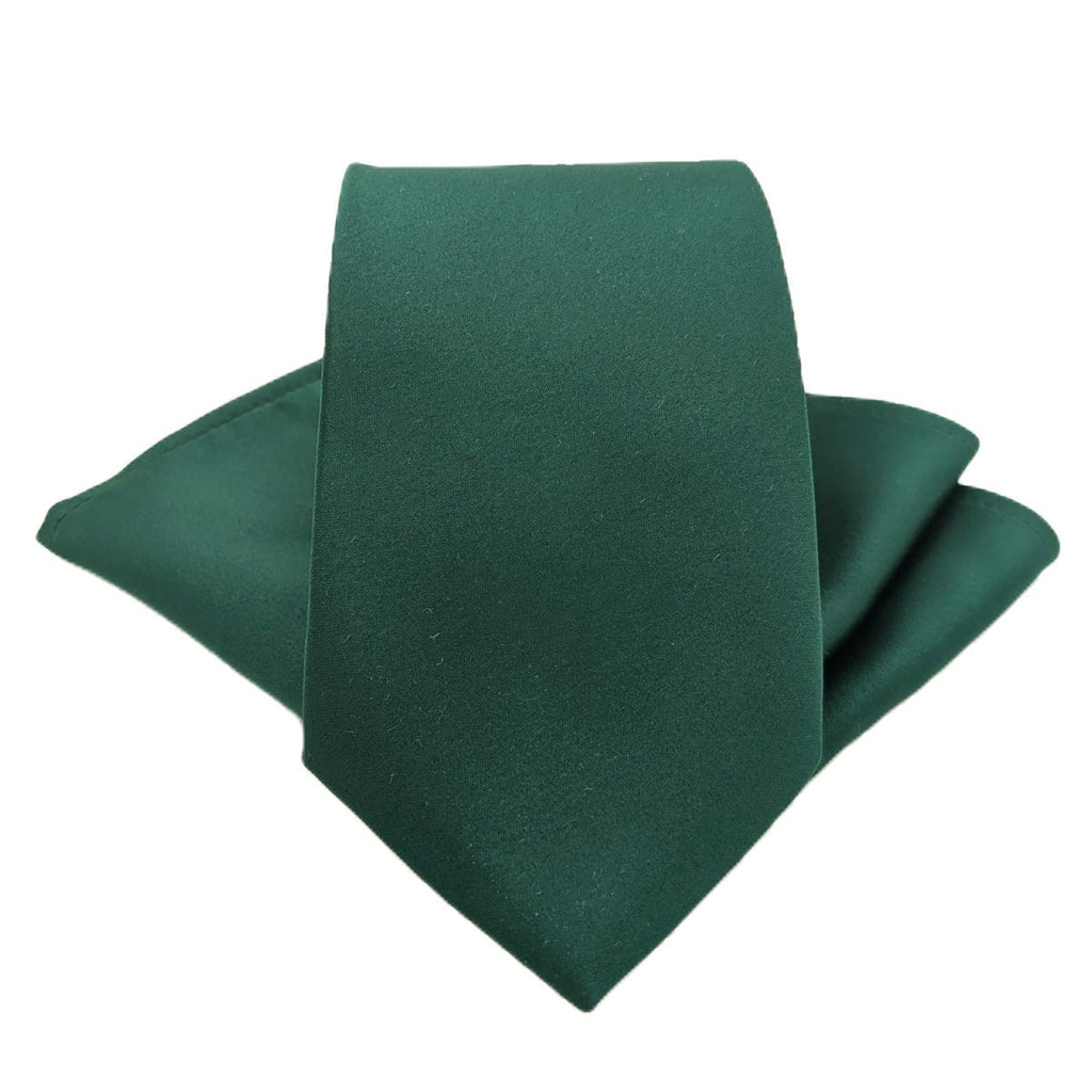 Front view of Hunter Green Wedding Tie with matching pocket square, ideal for groomsmen or formal events in a rich green tone.