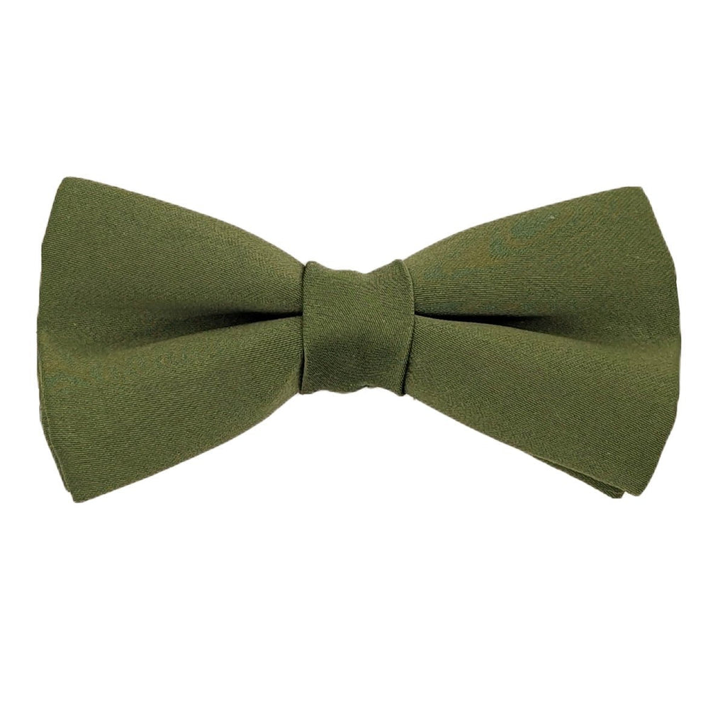 Pre-tied Ivy Boys Bow Tie in plain olive green with elastic neckstrap for children aged 4 and under, perfect for special occasions.