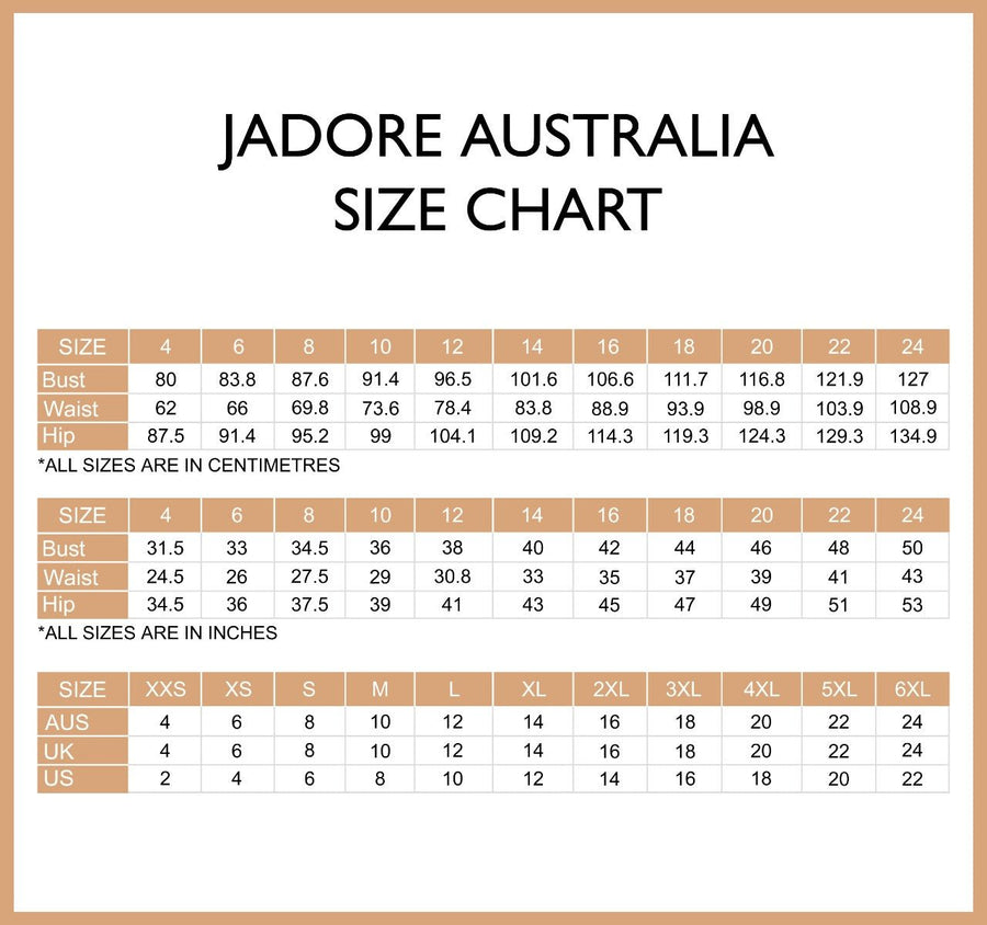 Jadore Australia size chart for wedding and formal dresses, showing bust, waist, and hip measurements in cm and inches for sizes 4 to 24.