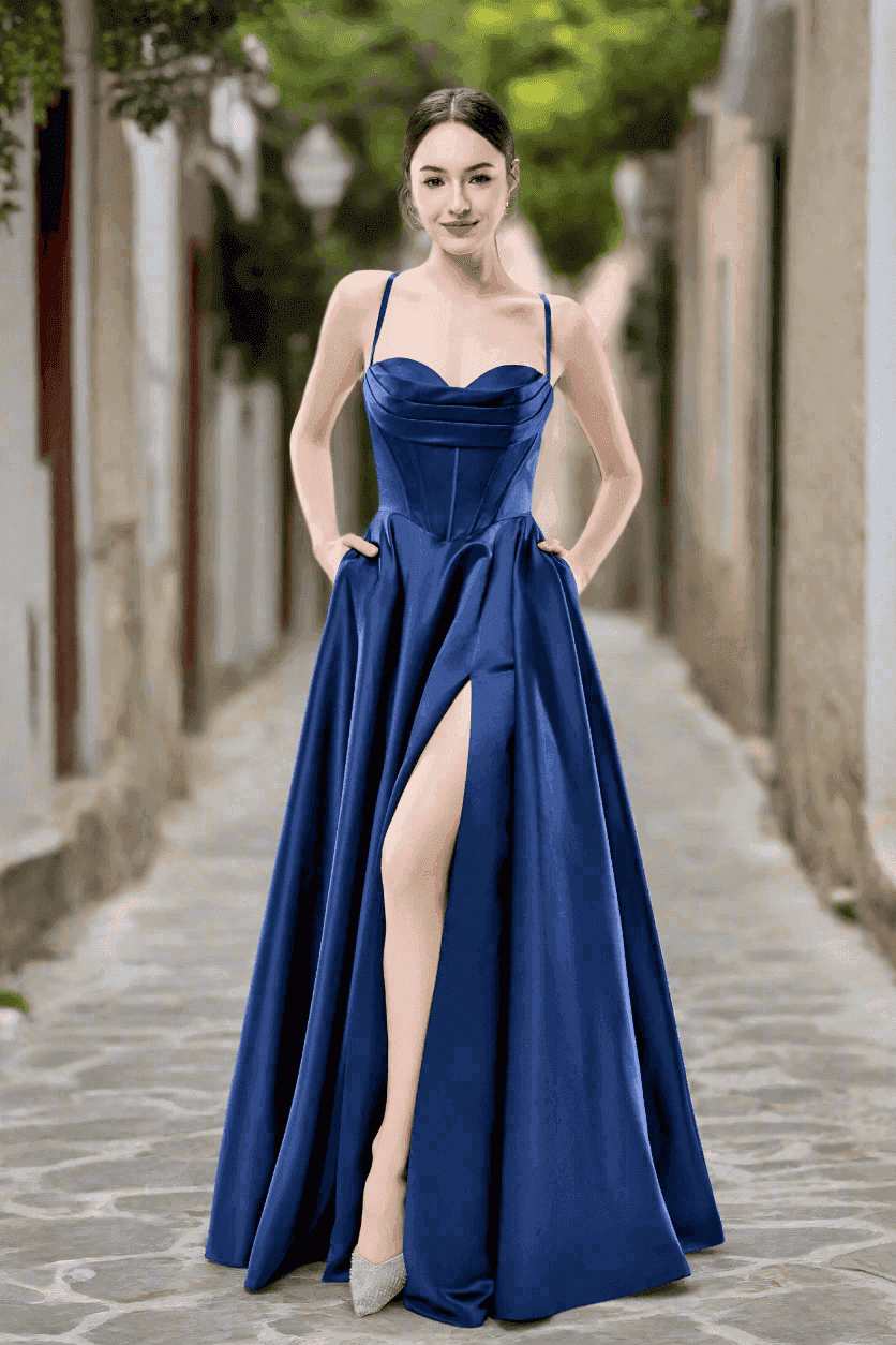 Model wearing Keira satin ballgown in navy blue with thigh-high leg split, ideal for prom or evening occasions.