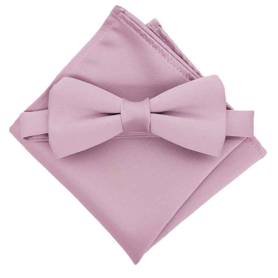 Lavender Frost Bow Tie displayed with matching pocket square, perfect for groomsmen or wedding guests. Coordinated wedding accessory set.