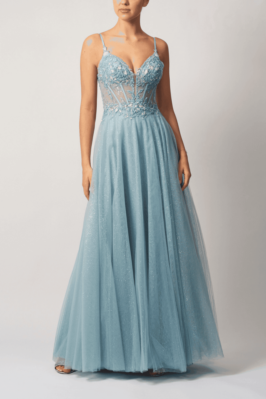 Mascara MC18334 Dusty Blue Glitter Tulle Prom Dress with Embellished Corset Detail