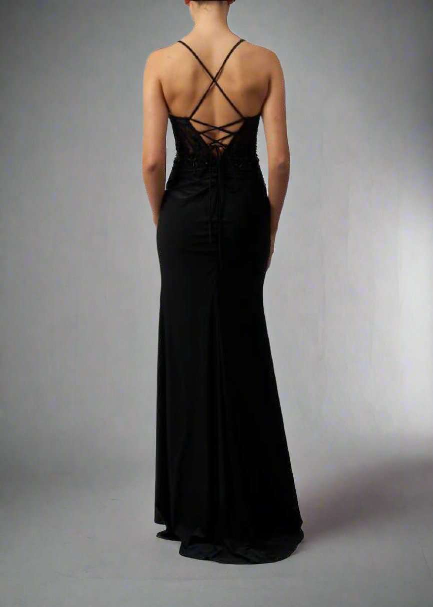 Back view of Mascara MC11324 Black Corset Fitted Prom Dress featuring lace-up tie back and figure-hugging silhouette, perfect for prom or red carpet.