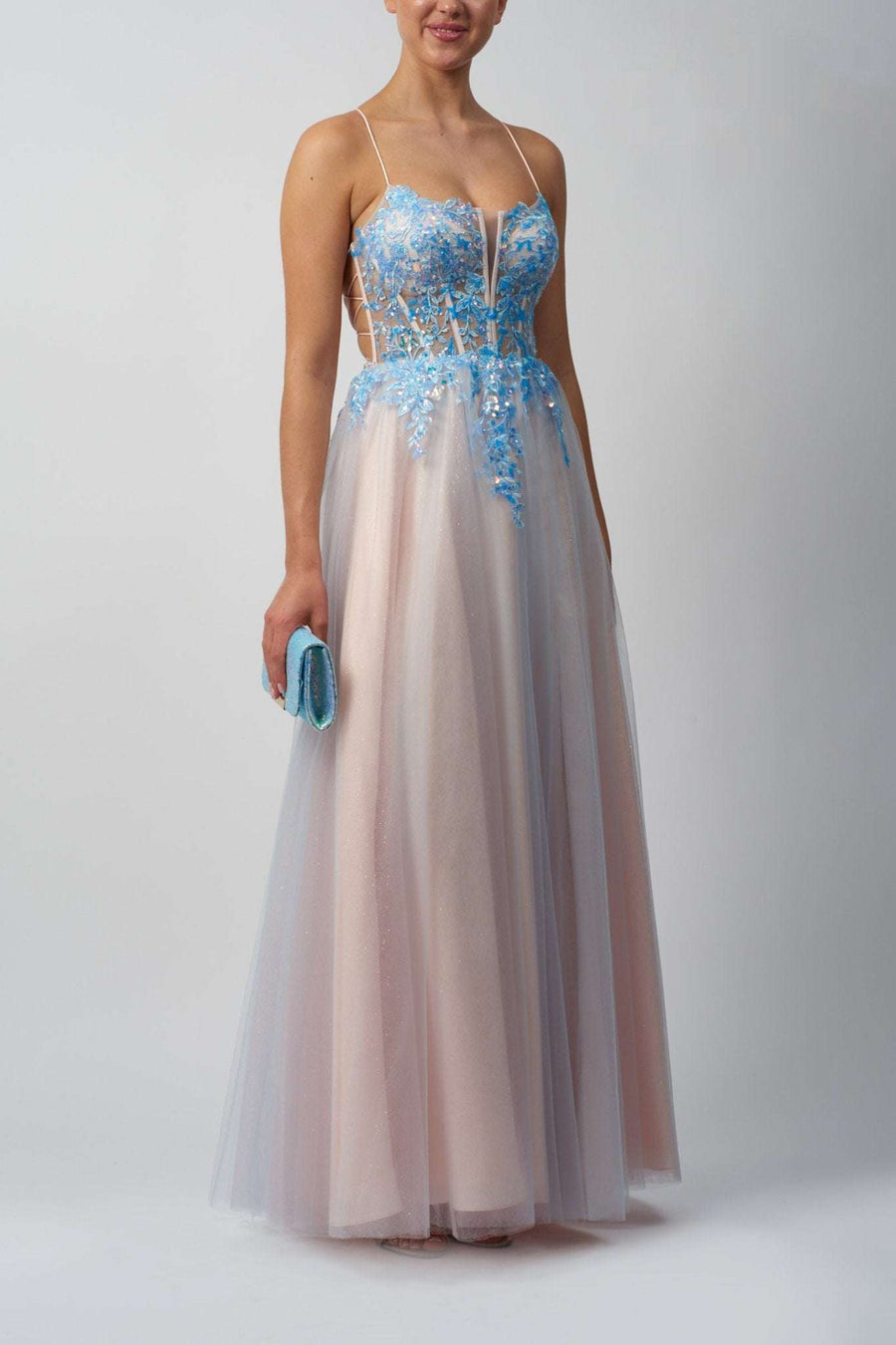 Mascara London MC11325 Two Tone Tulle Prom Dress in baby blue and peach with floral lace bodice and flowing layered skirt. Ideal for prom or formal events.