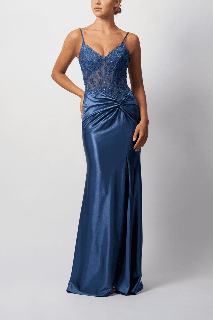 Prom Dress - Airforce Blue Satin Corset | London Special. Front view of Mascara London MC119431 featuring a lace corset bodice and figure-hugging satin skirt.
