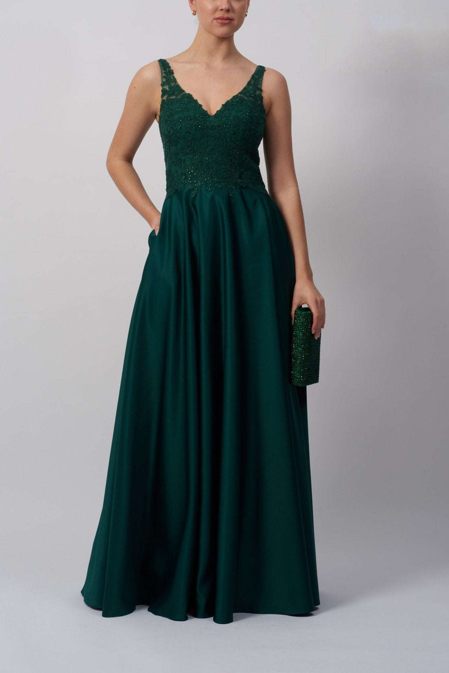 Mascara London MC123414 Forest Green Satin Ballgown featuring a lace bodice and flowing satin skirt, ideal for formal events and evening wear.