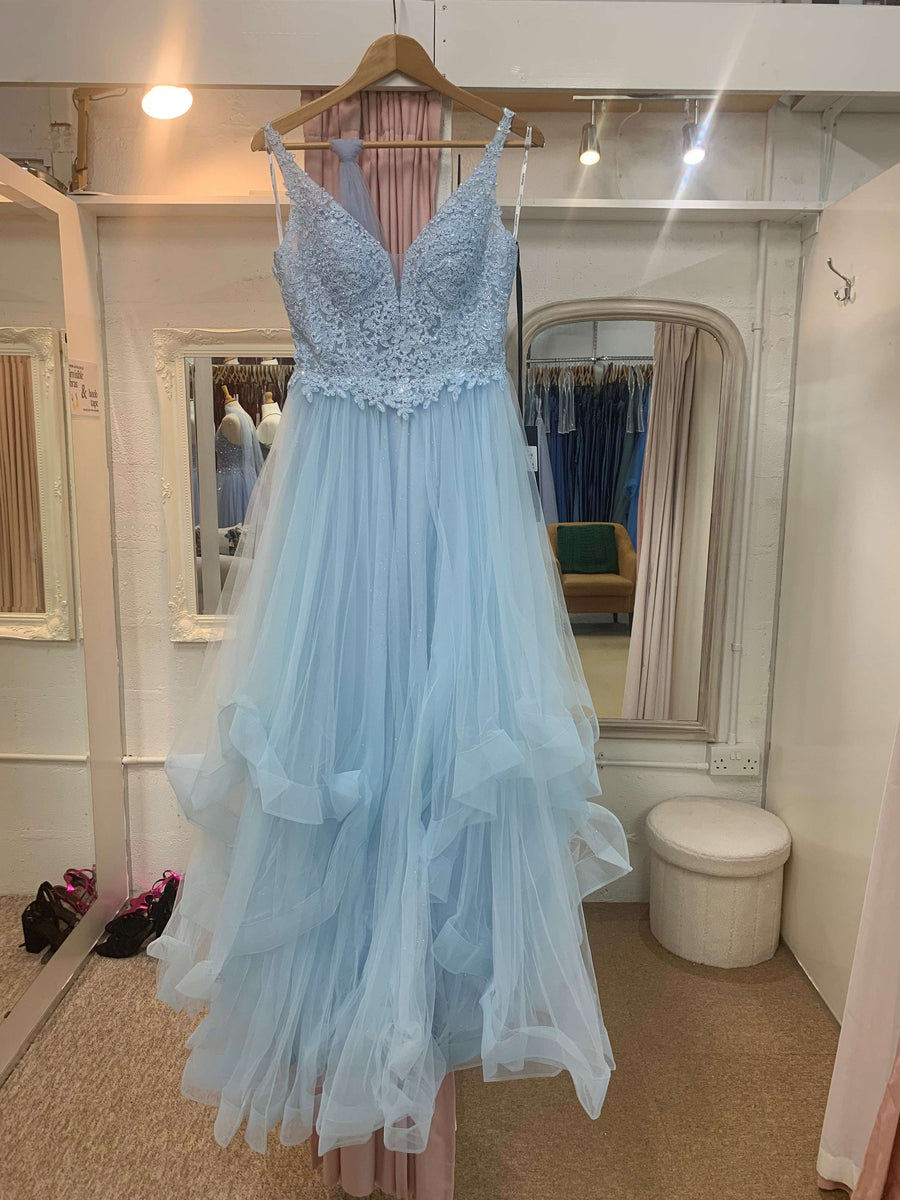 Mascara MC12515 - Tulle Baby Blue Prom Dress | Lace, Tulle, Plunging V