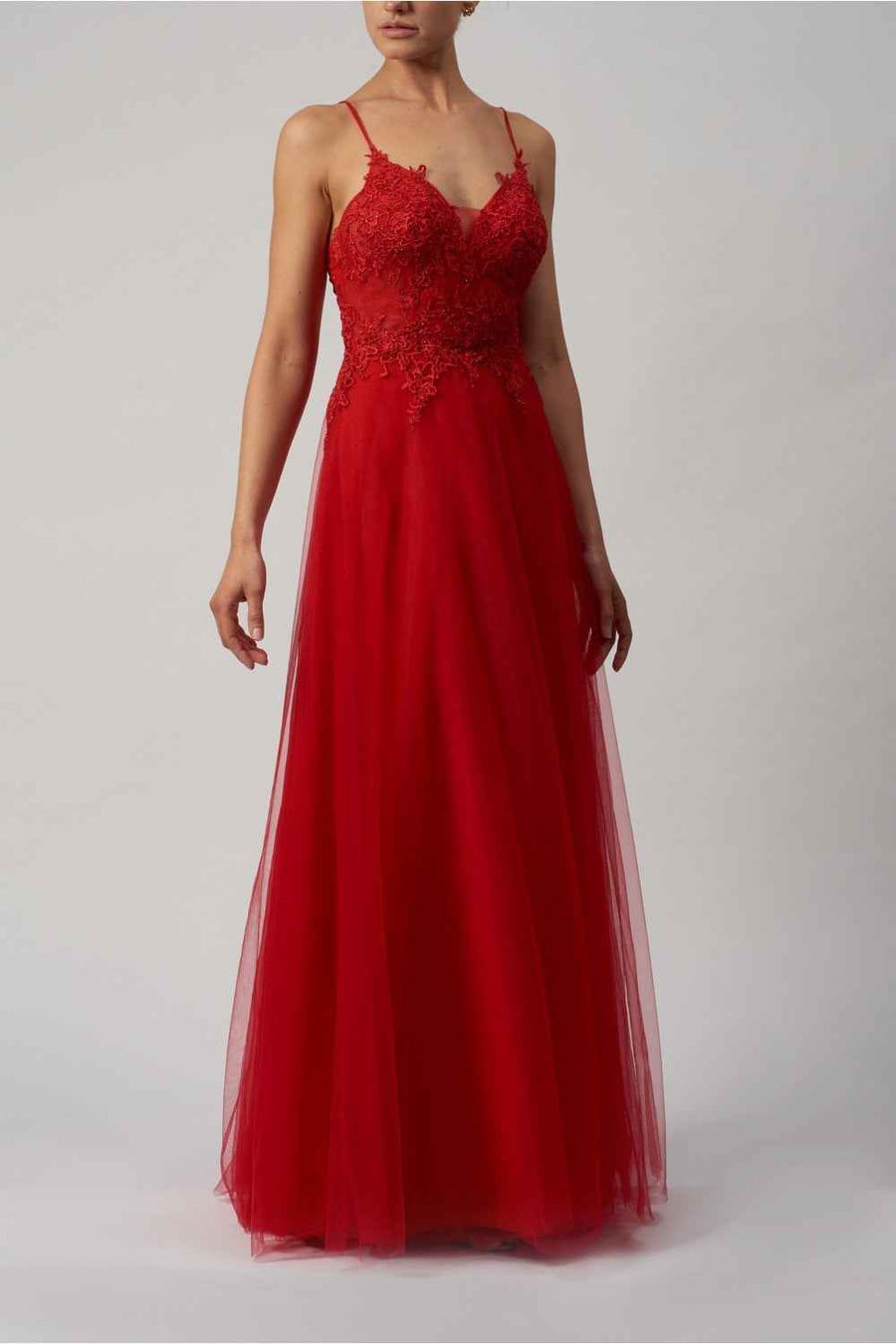 Red Lace Tulle Dress - Prom MC18108 with lace bodice, shoestring straps, and flowing tulle skirt. Ideal for prom or formal evening events.