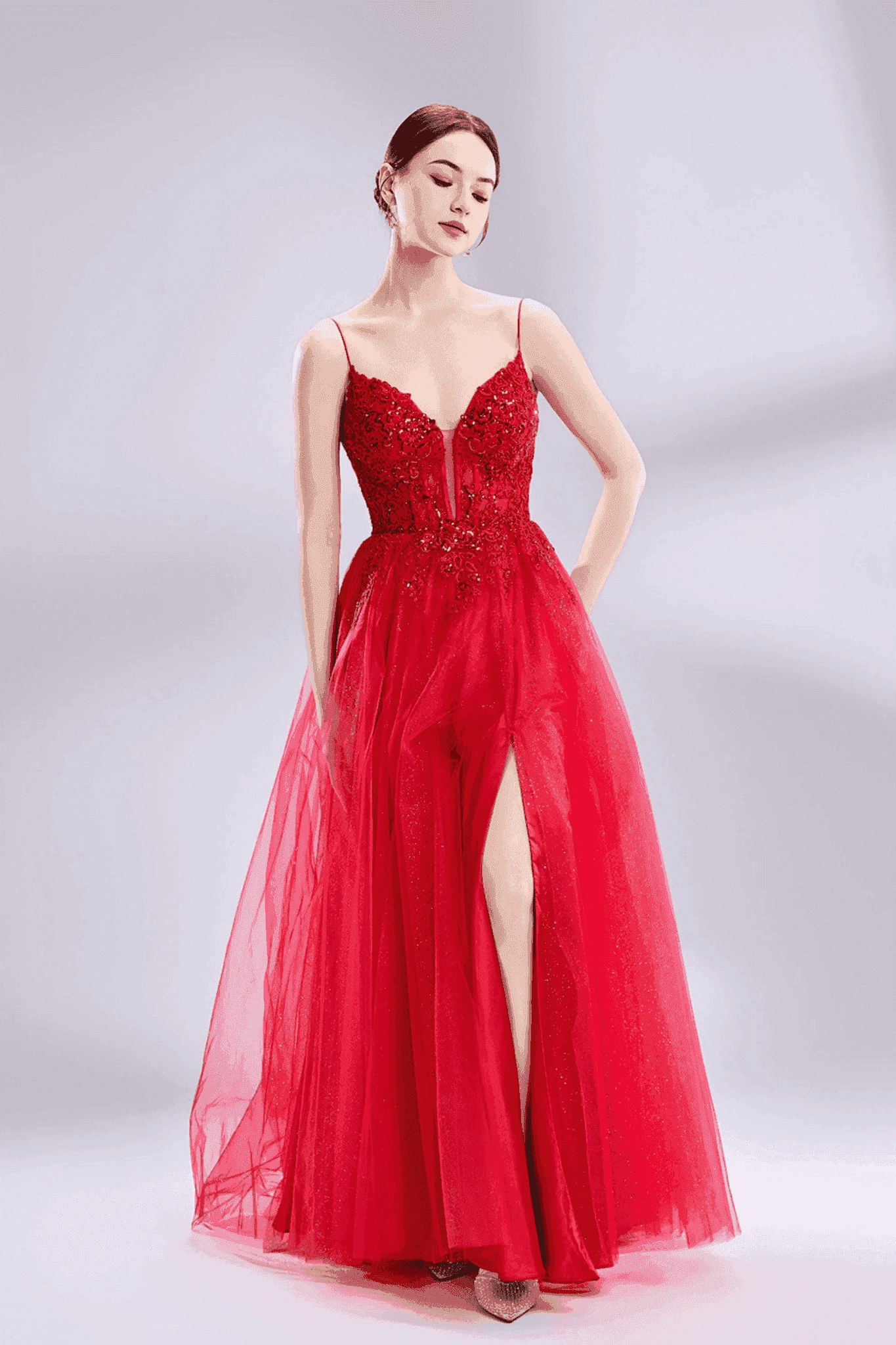 Nina Beaded Ball Gown Red Tulle Lace Bodice Slit