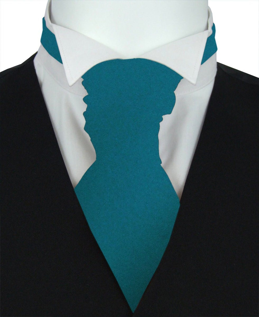 Peacock Boys Wedding Cravat in teal polyester, styled on a white shirt and black vest. Adjustable fit for ages 5-12, ideal for formal occasions.