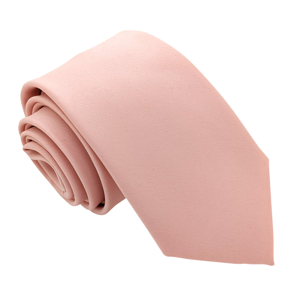 Vintage Rose Wedding Tie rolled neatly, showcasing its soft blush pink color and smooth satin finish, ideal for grooms and formal events.